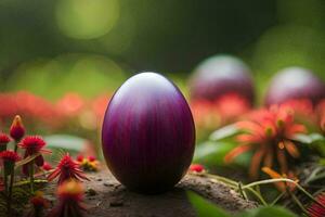 uma roxa ovo sentado em topo do alguns flores gerado por IA foto