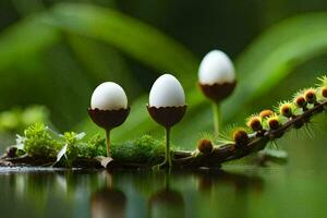 três ovos estão sentado em uma ramo dentro a água. gerado por IA foto