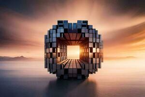 uma ampla cubo em forma objeto dentro a meio do a água. gerado por IA foto