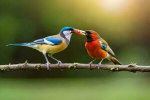 dois colorida pássaros em uma ramo. gerado por IA foto