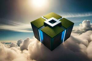 uma cubo flutuando dentro a céu com nuvens. gerado por IA foto