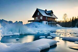 uma casa senta em topo do a gelo coberto lago. gerado por IA foto