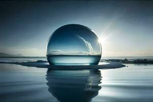 uma ampla vidro bola sentado em a água. gerado por IA foto