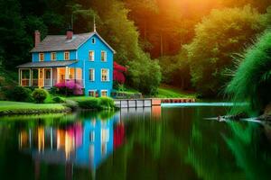 uma azul casa senta em a Beira do uma lago. gerado por IA foto