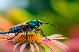 uma azul e Preto vespa em uma Rosa flor. gerado por IA foto