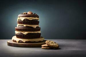 uma pilha do bolos de copo com chocolate geada e amendoim manteiga. gerado por IA foto