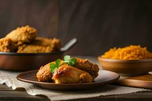 frito frango e arroz em uma de madeira mesa. gerado por IA foto