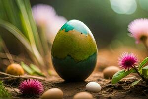 a Páscoa ovo é sentado em a terra cercado de flores gerado por IA foto