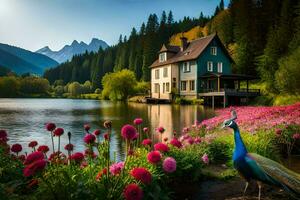 foto papel de parede flores, lago, montanhas, casa, pavão, flores, pavão, flores gerado por IA