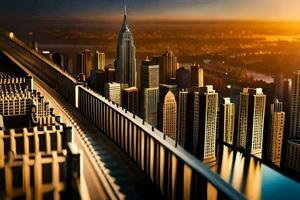 uma cidade Horizonte com uma trem indo sobre uma ponte. gerado por IA foto