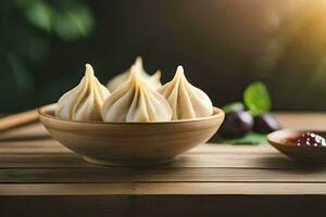 dumplings dentro uma tigela em uma de madeira mesa. gerado por IA foto