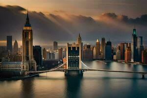 a cidade Horizonte às pôr do sol com a Manhattan ponte dentro a primeiro plano. gerado por IA foto