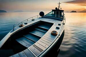 uma barco é ancorado às a costa do uma lago. gerado por IA foto