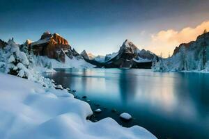 uma lago cercado de neve coberto montanhas. gerado por IA foto