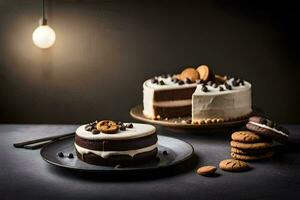 uma chocolate bolo com biscoitos e creme geada. gerado por IA foto