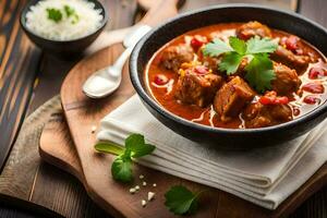 frango Curry dentro uma tigela com arroz e guarnição, enfeite, adorno. gerado por IA foto