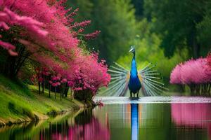 uma pavão é caminhando através uma lagoa cercado de Rosa árvores gerado por IA foto