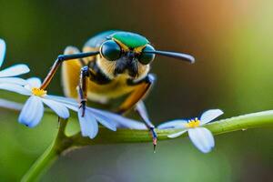 uma abelha com verde olhos e uma amarelo corpo sentado em uma flor. gerado por IA foto