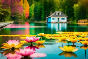 colorida lótus flores estão flutuando dentro uma lago. gerado por IA foto