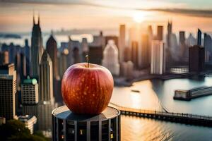 a maçã senta em topo do uma construção negligenciar uma cidade. gerado por IA foto
