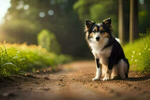 uma cachorro sentado em uma sujeira estrada dentro a meio do uma campo. gerado por IA foto