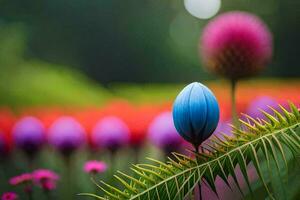 uma azul flor é em pé dentro frente do uma campo do Rosa flores gerado por IA foto