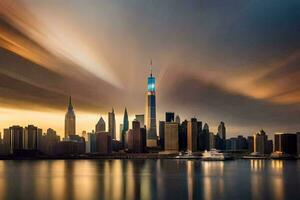 a Manhattan Horizonte às pôr do sol. gerado por IA foto