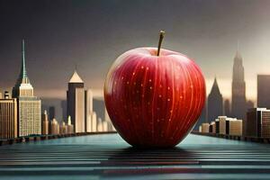 a maçã é sentado em topo do uma ponte com uma cidade dentro a fundo. gerado por IA foto