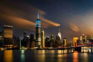 a Manhattan Horizonte às noite com a Brooklyn ponte dentro a primeiro plano. gerado por IA foto