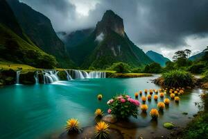 a cachoeiras dentro a montanhas estão lindo e a flores estão lindo. gerado por IA foto