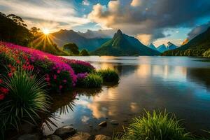 a Sol brilha sobre uma lago e montanhas. gerado por IA foto