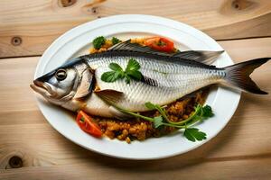 uma peixe em uma prato com legumes e tomates. gerado por IA foto