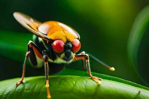 uma fechar acima do uma mosca com vermelho olhos. gerado por IA foto