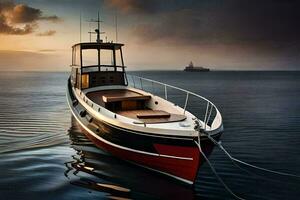 uma barco é ancorado às a costa às pôr do sol. gerado por IA foto
