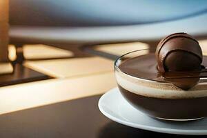 uma chocolate sobremesa com uma chocolate bola em topo. gerado por IA foto