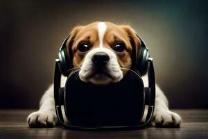 uma cachorro com fones de ouvido em Está cabeça. gerado por IA foto