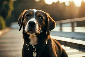 uma cachorro sentado em uma ponte com uma pôr do sol dentro a fundo. gerado por IA foto