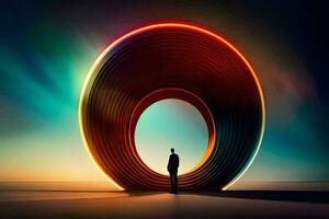 uma homem em pé dentro frente do uma circular objeto. gerado por IA foto