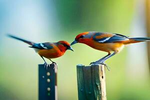dois pássaros estão em pé em topo do uma de madeira publicar. gerado por IA foto
