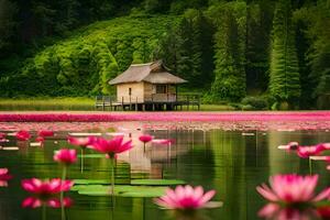 uma cabana é dentro a meio do uma lago com Rosa lótus flores gerado por IA foto