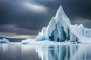 icebergs em a água com tempestade nuvens. gerado por IA foto