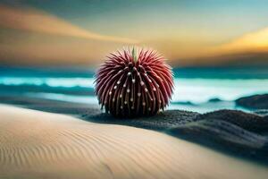 uma vermelho espetado bola senta em a areia às pôr do sol. gerado por IA foto