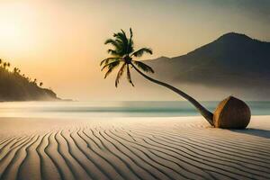 uma coco árvore em uma de praia com uma pôr do sol dentro a fundo. gerado por IA foto