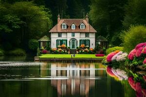 uma casa em a água cercado de flores gerado por IA foto