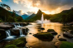 a Sol sobe sobre uma cascata dentro a montanhas. gerado por IA foto