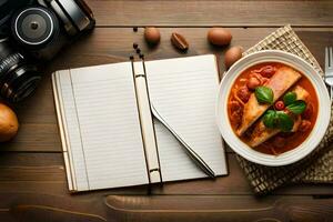 uma prato com tomate molho, uma faca, uma garfo, uma Câmera e uma caderno em uma. gerado por IA foto