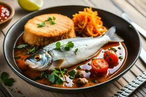 uma peixe é servido dentro uma tigela com tomate molho e pão. gerado por IA foto