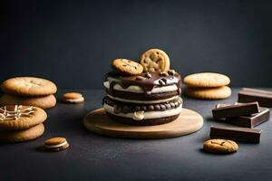 uma chocolate bolo com biscoitos e chocolate salgadinhos. gerado por IA foto