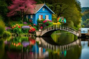 uma azul casa senta em uma ponte sobre uma rio. gerado por IA foto