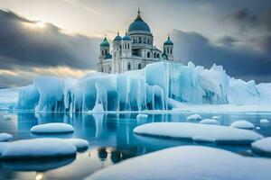 icebergs e uma Igreja dentro a meio do a água. gerado por IA foto